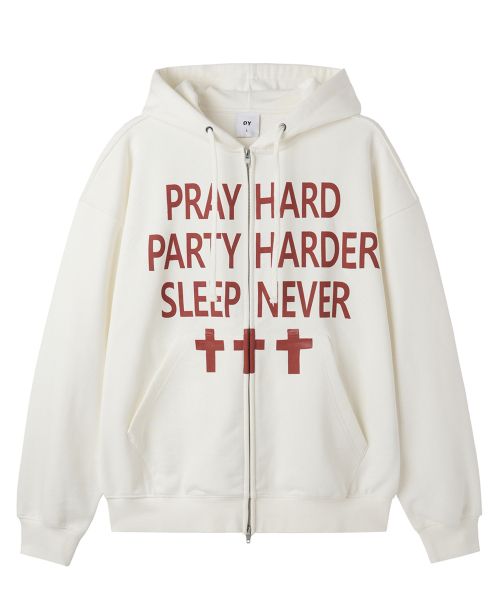 Openyard (Oy) Pray Hard White Zip-Up Hoodie OYBEF1SW040WH