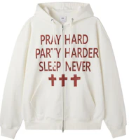 Openyard (Oy) Pray Hard White Zip-Up Hoodie OYBEF1SW040WH Openyard (Oy) Pray Hard White Zip-Up Hoodie OYBEF1SW040WH