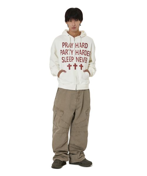 Lookbook Openyard (Oy) Pray Hard White Zip-Up Hoodie OYBEF1SW040WH