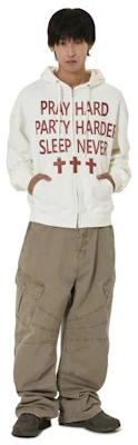 Openyard (Oy) Pray Hard White Zip-Up Hoodie OYBEF1SW040WH Lookbook Openyard (Oy) Pray Hard White Zip-Up Hoodie OYBEF1SW040WH