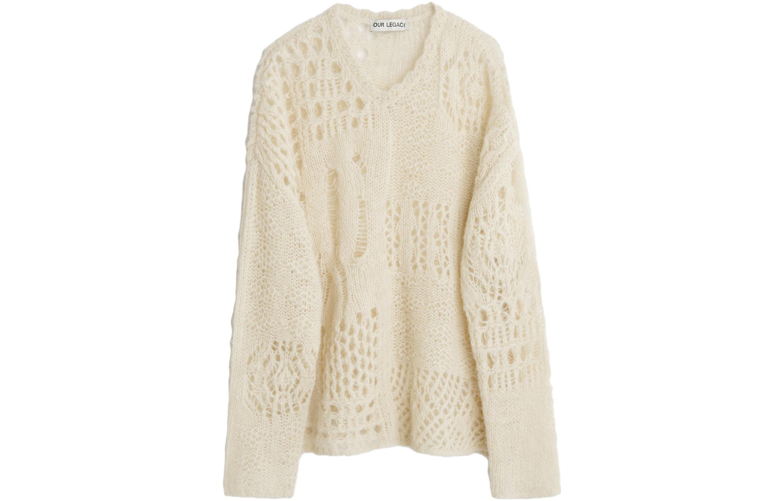 OUR LEGACY  Beige V-Neck Crochet Knit Sweater with Ribbed Cuffs. M4233VCB