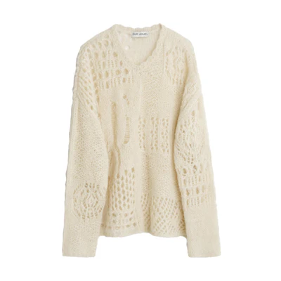 OUR LEGACY Beige V-Neck Crochet Knit Sweater with Ribbed Cuffs. M4233VCB