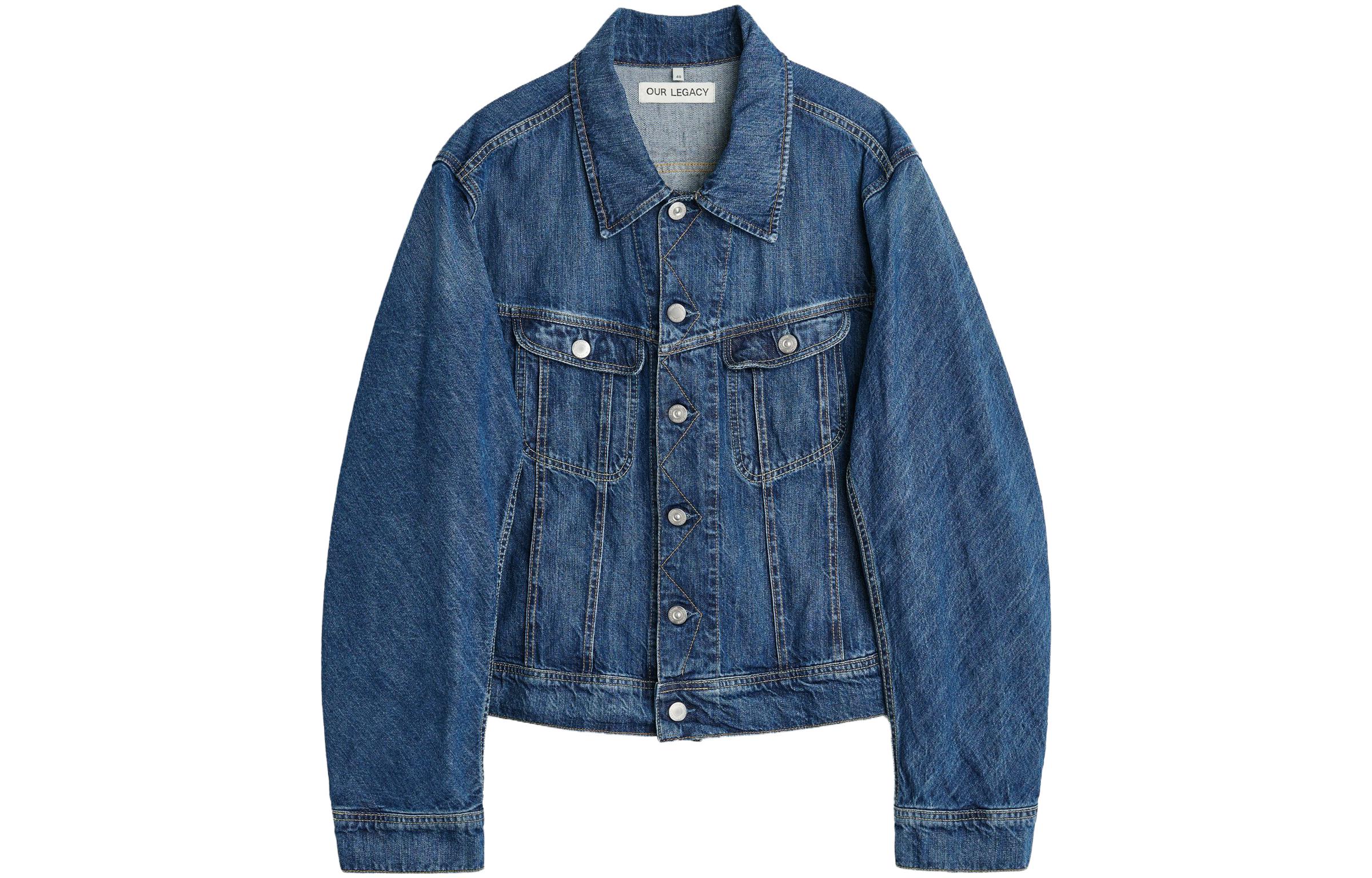 OUR LEGACY  Blue Denim Jacket with Single Breasted Collar and Angled Flap Pockets M4235RWB