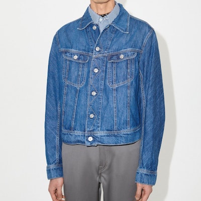 OUR LEGACY Jaket Denim Biru dengan Kerah Single Breasted dan Saku Flap Miring M4235RWB Shop OUR LEGACY Jaket Denim Biru dengan Kerah Single Breasted dan Saku Flap Miring M4235RWB