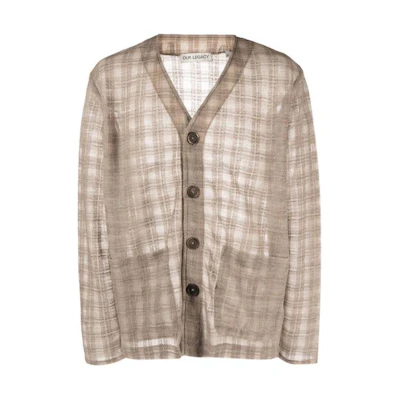 OUR LEGACY Checkered V-Neck Button-Up Long Sleeve Shirt Brown M2236CG