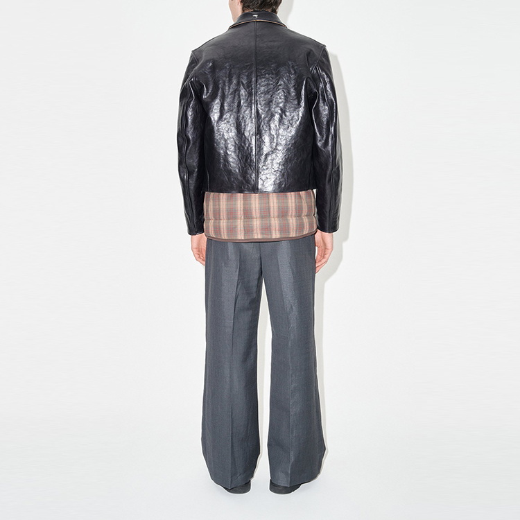 Purchase OUR LEGACY FW23 Jaket Kulit Glossy Pendek dengan Double Zipper Hitam M4239MTD