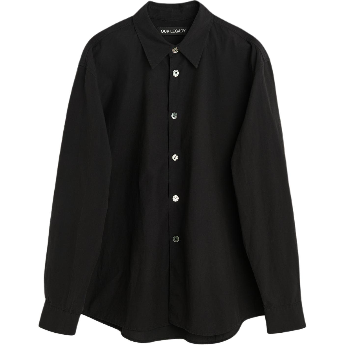 OUR LEGACY FW24  Black Long Sleeve Shirt with Pearl Button and Curved Hem M4242BLP