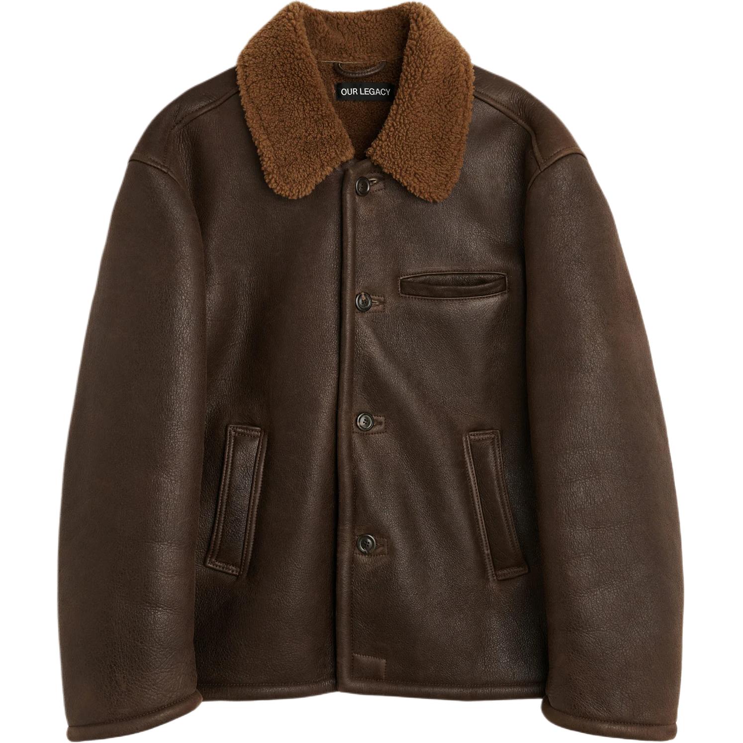 Our Legacy FW24 Barn-Style Waxed Shearling Leather Jacket Brown Coat M4249AR