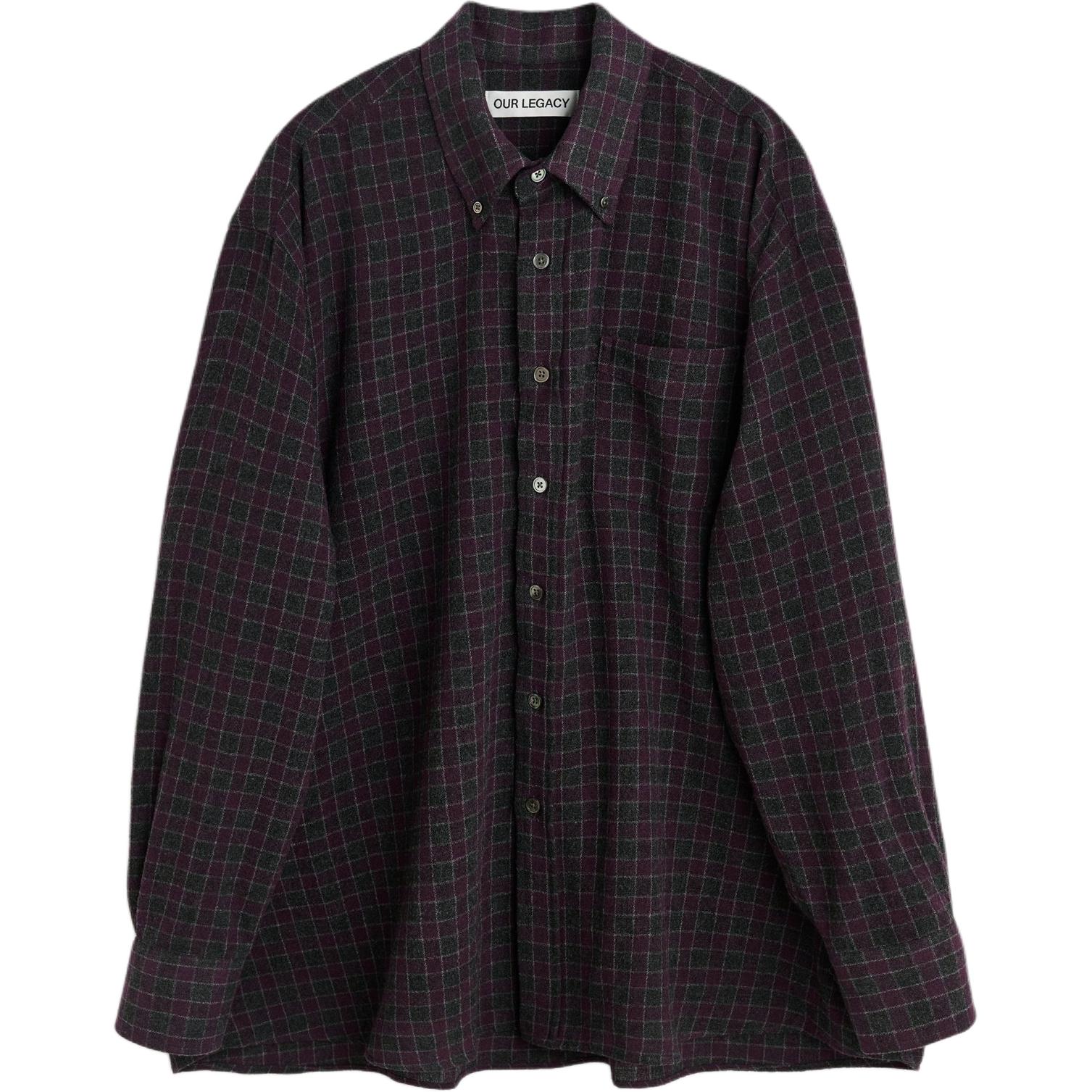OUR LEGACY FW24 Black Plaid Wool Long-Sleeve Shirt with Curved Hem for Men. M4242BSCR