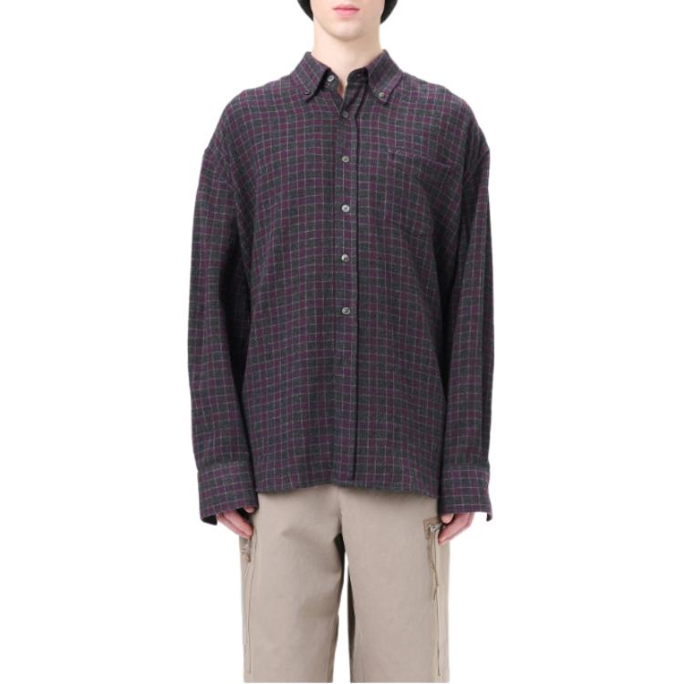 Shop OUR LEGACY FW24 Kemeja Hitam Kotak-Kotak Wol Lengan Panjang Hem Melengkung Pria. M4242BSCR