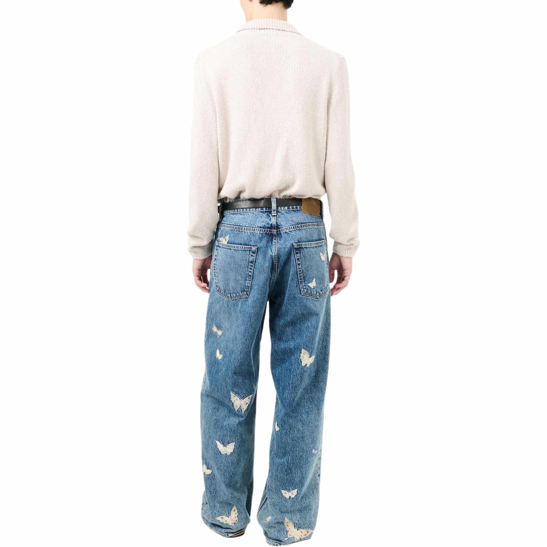 Shop Our Legacy SS25 Vaqueros Anchos Indigo Hombre con Mariposa Bordada Cintura Alta M2255VCI