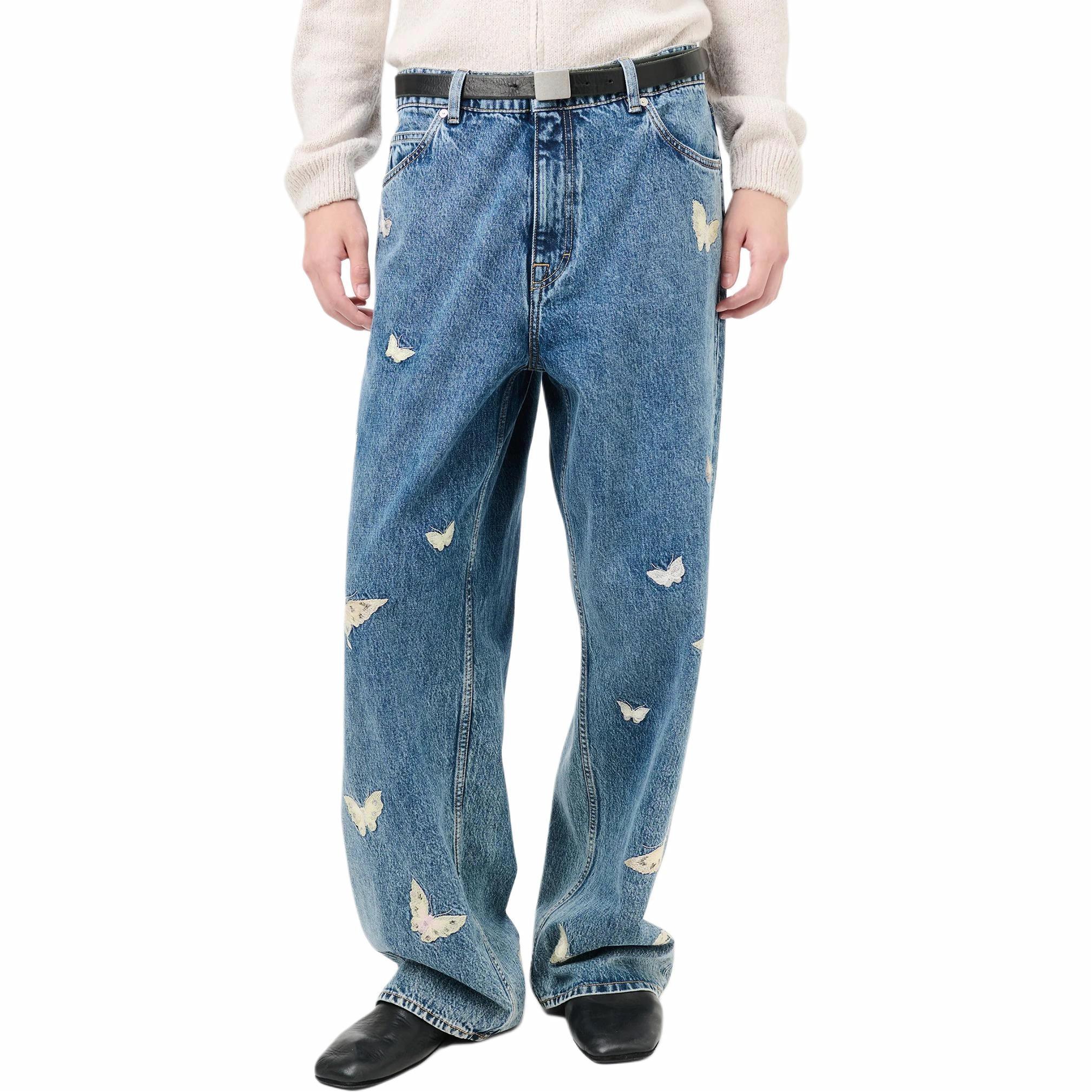 Details for Our Legacy SS25 Vaqueros Anchos Indigo Hombre con Mariposa Bordada Cintura Alta M2255VCI