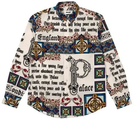 PALACE FW21 Medieval White Shirt All-Over Print Unisex Long Sleeve Retro Style P21SHT026 Order PALACE FW21 Medieval White Shirt All-Over Print Unisex Long Sleeve Retro Style P21SHT026