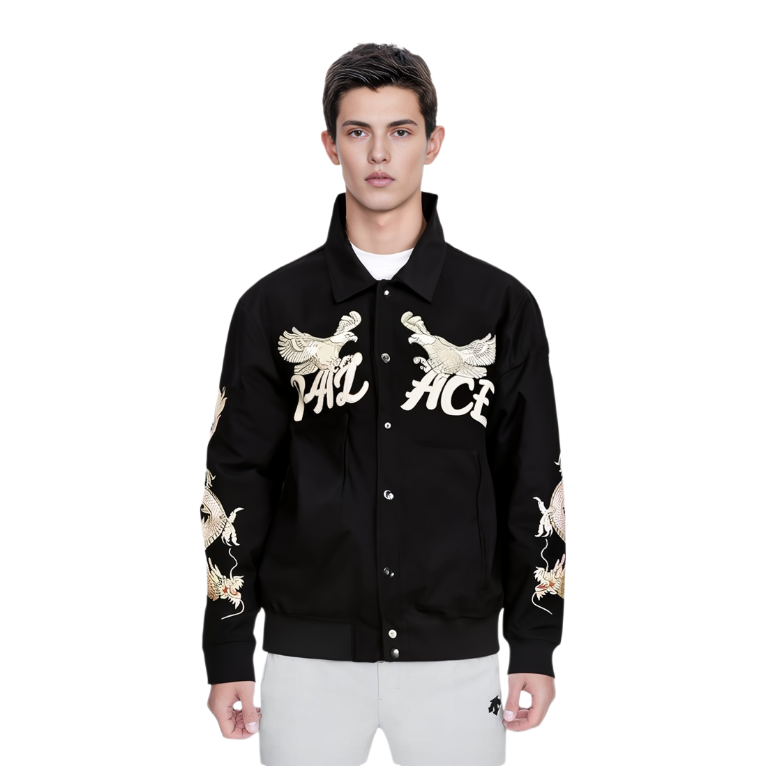 Details for PALACE FW22 Double Dragon Tour Jacket Black Eagle Print Unisex Outerwear. P23JK172