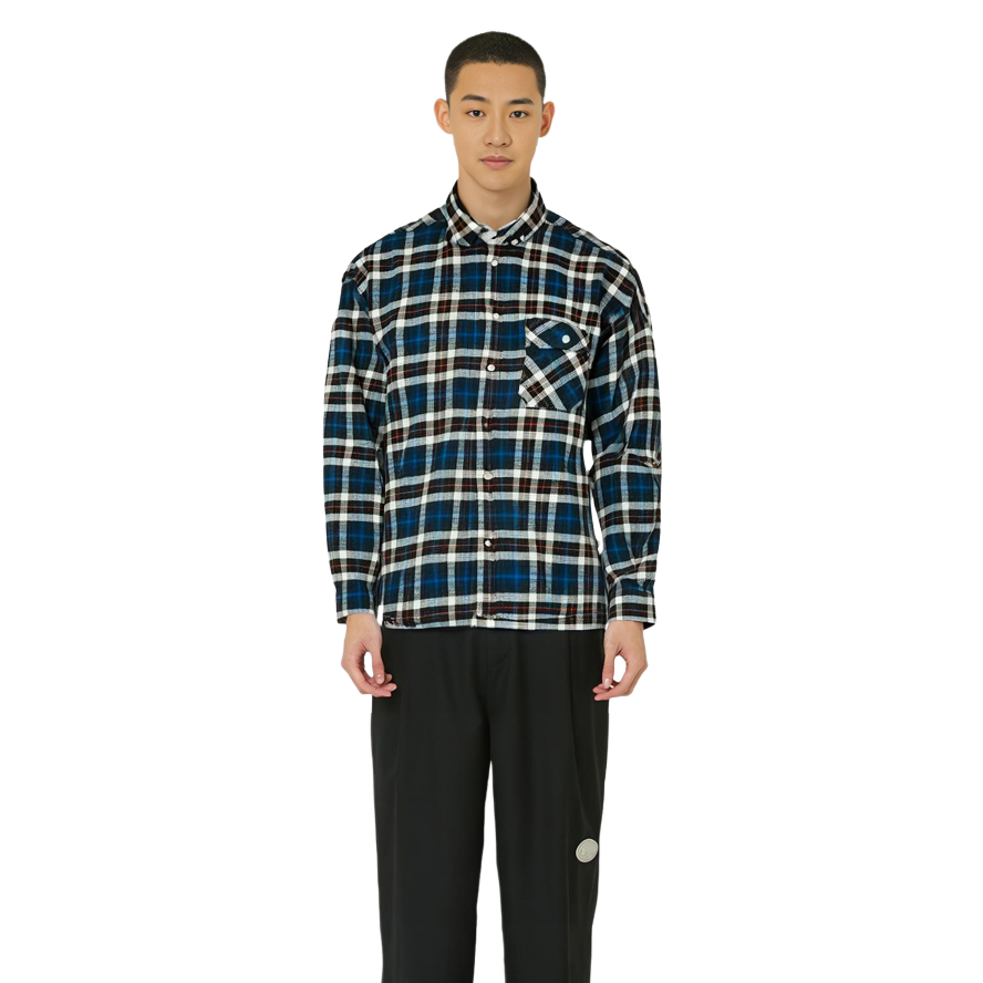 Shop PALACE FW22 네이비 체크 오버핏 플란넬 셔츠 가슴 포켓. P23SHT070