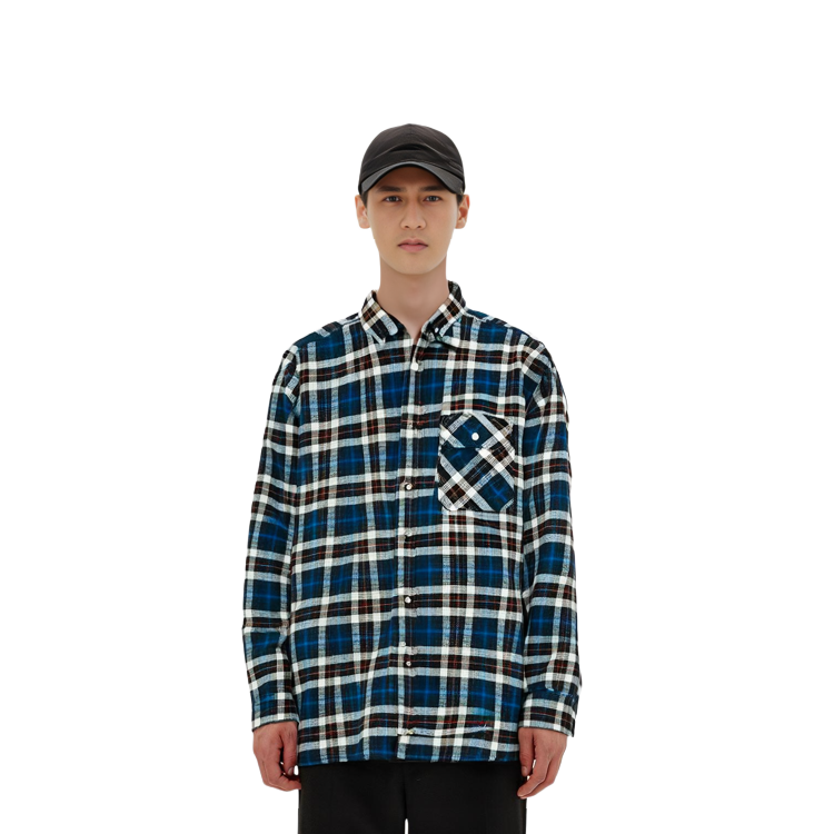Purchase PALACE FW22 네이비 체크 오버핏 플란넬 셔츠 가슴 포켓. P23SHT070