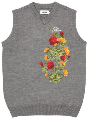 PALACE FW22 Rose Knit Vest Abu-Abu Unisex Bordir Bunga Leher V Tanpa Lengan. P23KW010 Buy PALACE FW22 Rose Knit Vest Abu-Abu Unisex Bordir Bunga Leher V Tanpa Lengan. P23KW010