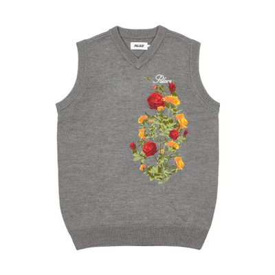 PALACE FW22 Rose Knit Vest Grey Unisex Floral Embroidery V-Neck Sleeveless. P23KW010