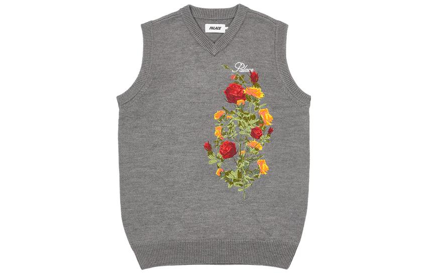 Order Chaleco de Punto Gris Floral Unisex PALACE FW22 Bordado Cuello en V Sin Mangas. P23KW010
