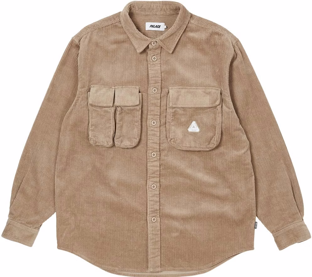 palace-fw-22-stone-logo-cargo-cord-shirt-khaki-long-sleeve-unisex-button-up-p23-sht-073