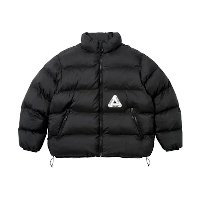 PALACE FW23 Black Puffer Jacket with Logo and Zip-Up High Collar. P25JK114