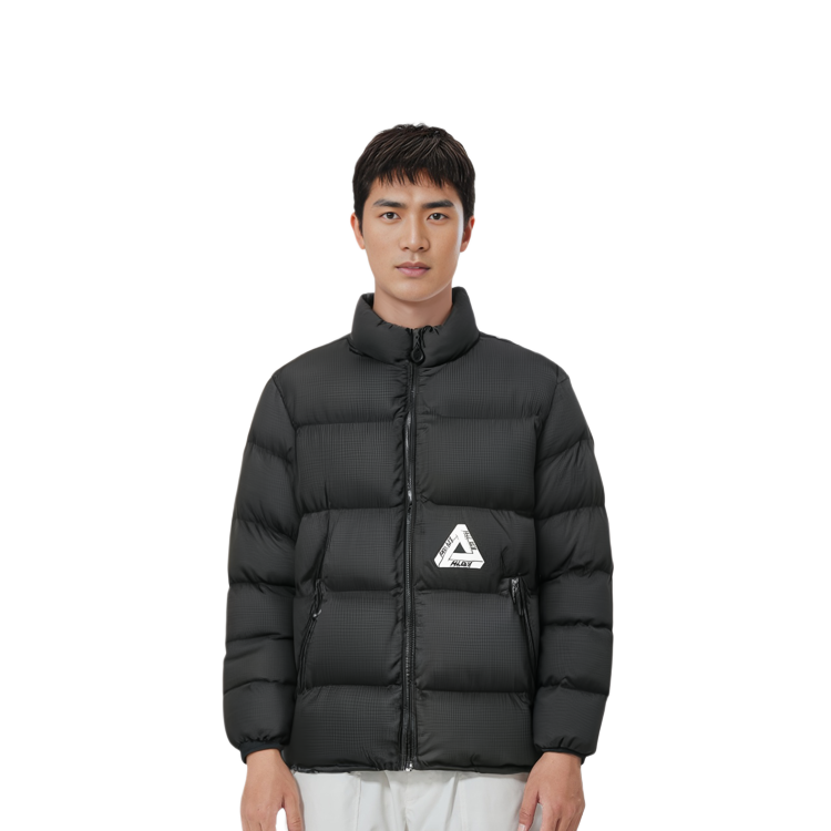 Details for 팔라스 FW23 블랙 로고 패딩 재킷, 하이 칼라 지퍼업 스타일. P25JK114