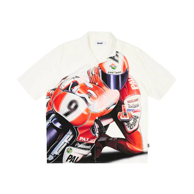 PALACE FW23 SKRRT Moto Racing Print Button-Up Short Sleeve Shirt White Unisex. P25SHT001
