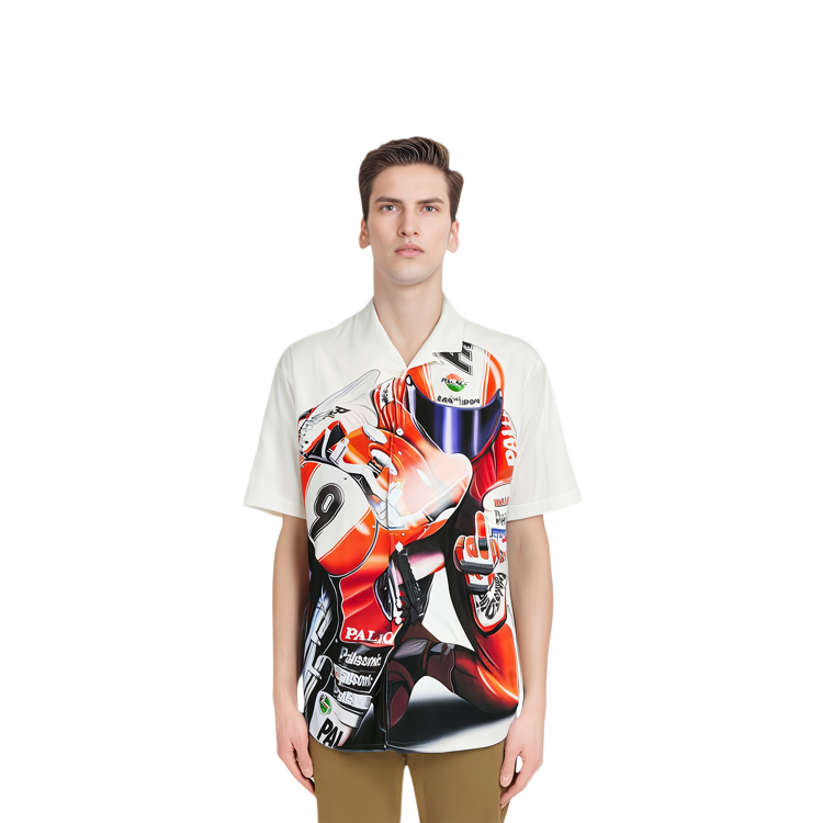 Shop PALACE FW23 SKRRT Kemeja Pendek Motif Balap Moto Putih Unisex. P25SHT001