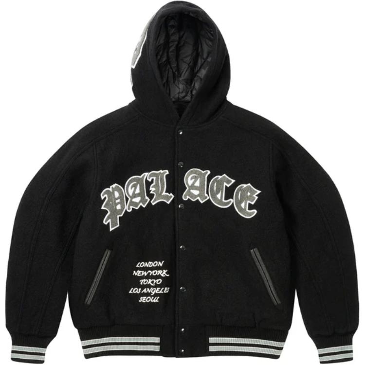 Palace FW24 Hooded Varsity Jacket Black Unisex Embroidered Casual Streetwear P27JK023