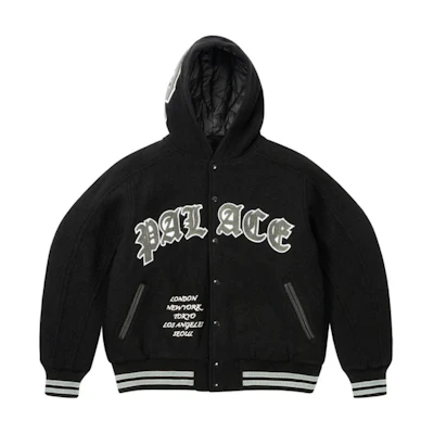 Palace FW24 Hooded Varsity Jacket Black Unisex Embroidered Casual Streetwear P27JK023