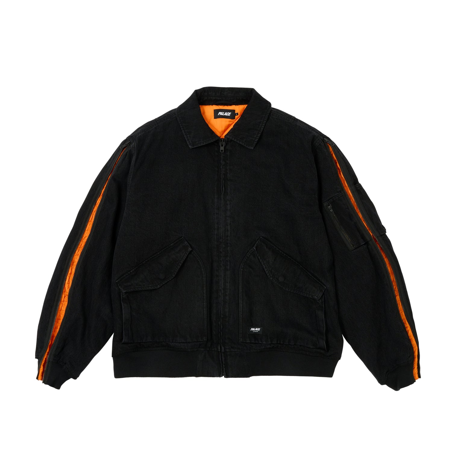 Palace FW24 Zipped MA-1 Bomber Jacket Black – Unisex Multi-Pocket Logo Design P27JK040