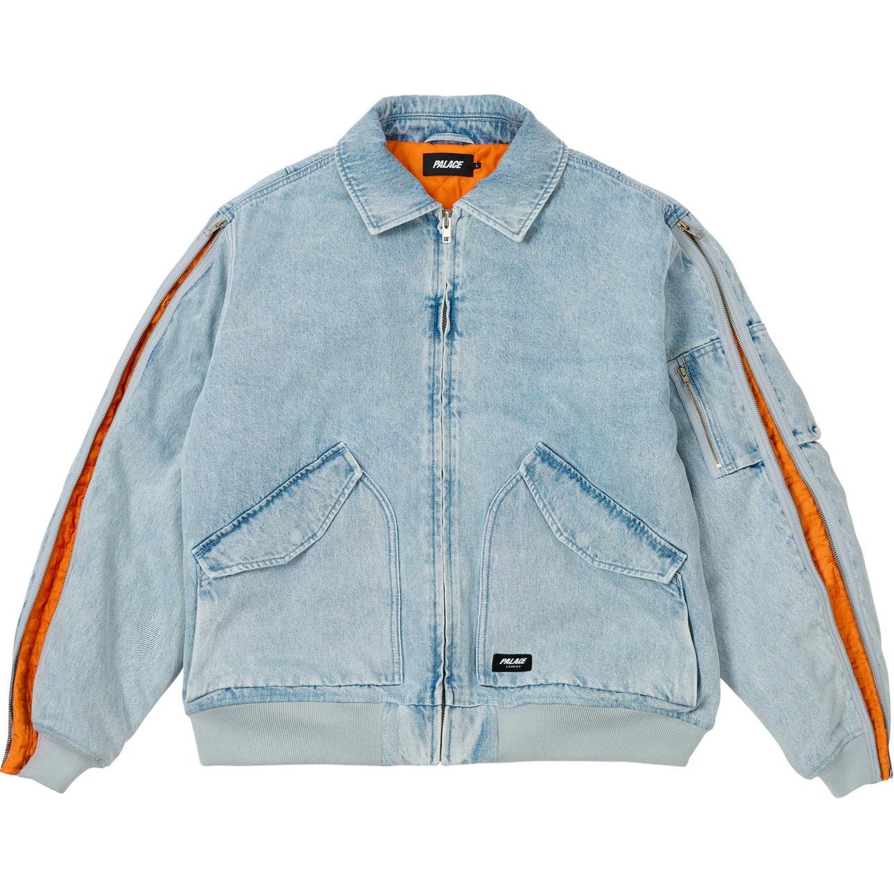 PALACE FW24 Zipped MA-1 Bomber Jacket Multi-Pocket Denim Blue Unisex Embroidery. P27JK006