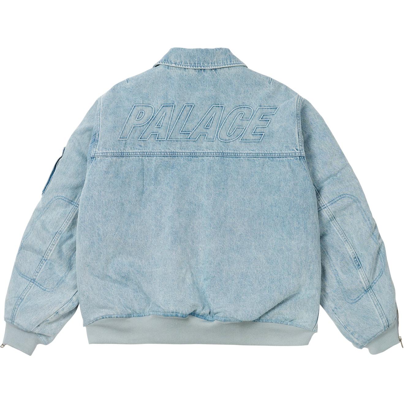 Lookbook 팔라스 FW24 지퍼 MA-1 봄버자켓 멀티포켓 데님 블루 자수 유니섹스. P27JK006