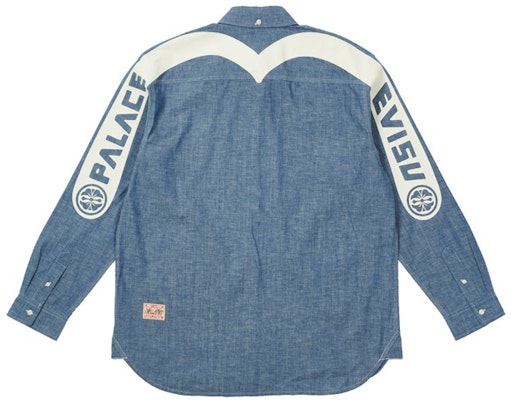 PALACE logo印花蓝色长袖休闲牛仔衬衫男女同款。 P21EVSHT001 Order PALACE logo印花蓝色长袖休闲牛仔衬衫男女同款。 P21EVSHT001