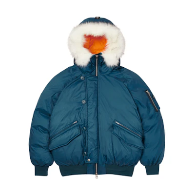 PALACE P-2B Short Down Jacket Detachable Fur Hood Unisex Blue Winter Coat P19JK042