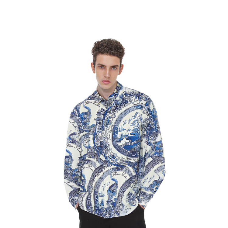 Shop PALACE SS22 中國盤印花海軍藍長袖襯衫 男女皆宜 P22SHT111