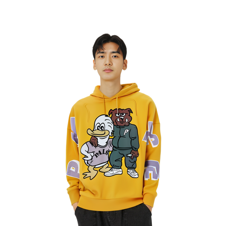 Shop PALACE SS22狗与鸭黄色宽肩卡通卫衣男女同款. P22CS218