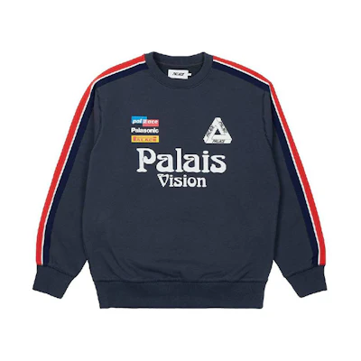 PALACE SS22 Flag Stripe Crew Navy Logo Print Geometric Striped Sweater Navy. P22CS115