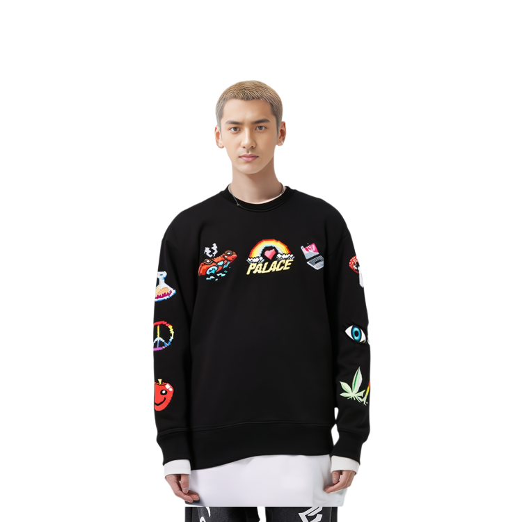 Shop PALACE SS22 Mixed Media Bitmap Crewneck Hitam Logo Besar Sweatshirt. P22CS206