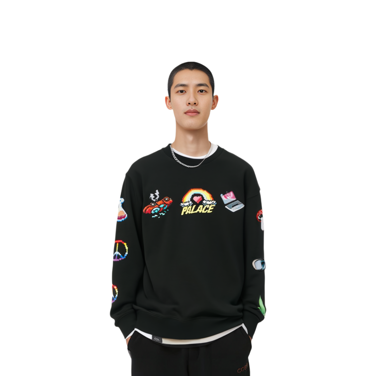 Details for PALACE SS22 Mixed Media Bitmap Crewneck Hitam Logo Besar Sweatshirt. P22CS206