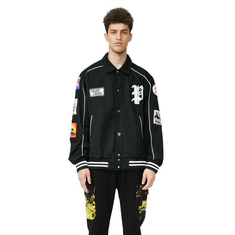 Shop PALACE SS22 男士黑色棉质徽章刺绣标志飞行夹克外套. P22JK155