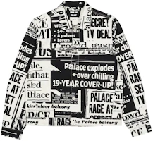 PALACE SS22 Tabloid Black Denim Jacket All-Over Letter Print Unisex Outerwear. P23SHT002 PALACE SS22 Tabloid Black Denim Jacket All-Over Letter Print Unisex Outerwear. P23SHT002