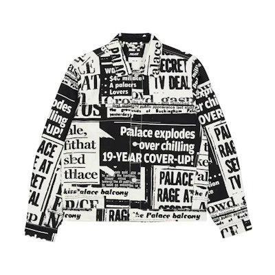 PALACE SS22 Tabloid Black Denim Jacket All-Over Letter Print Unisex Outerwear. P23SHT002