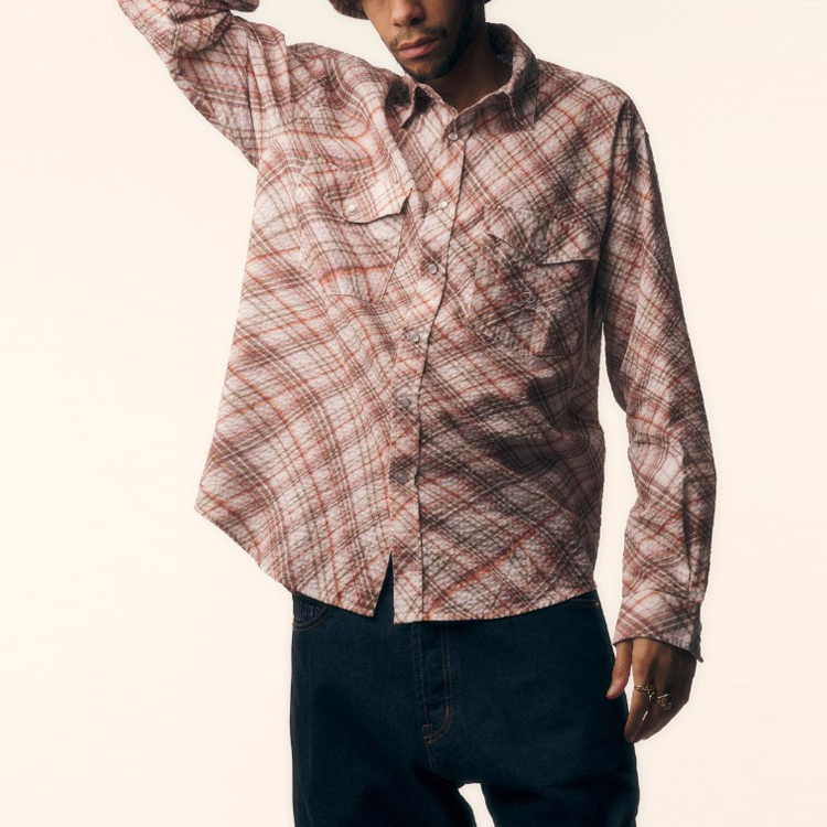 Shop PALACE SS22 紅色格紋長袖襯衫 Warp Check 條紋按扣襯衫 P22SHT063