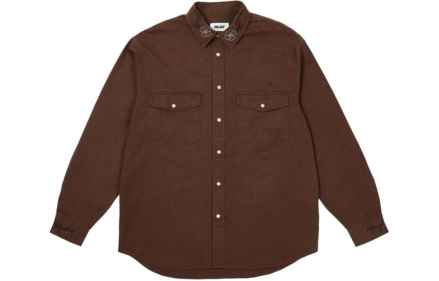 PALACE SS24 Flexus Nice Brown Embroidered Cotton Long Sleeve Shirt Unisex Brown P26SHT007