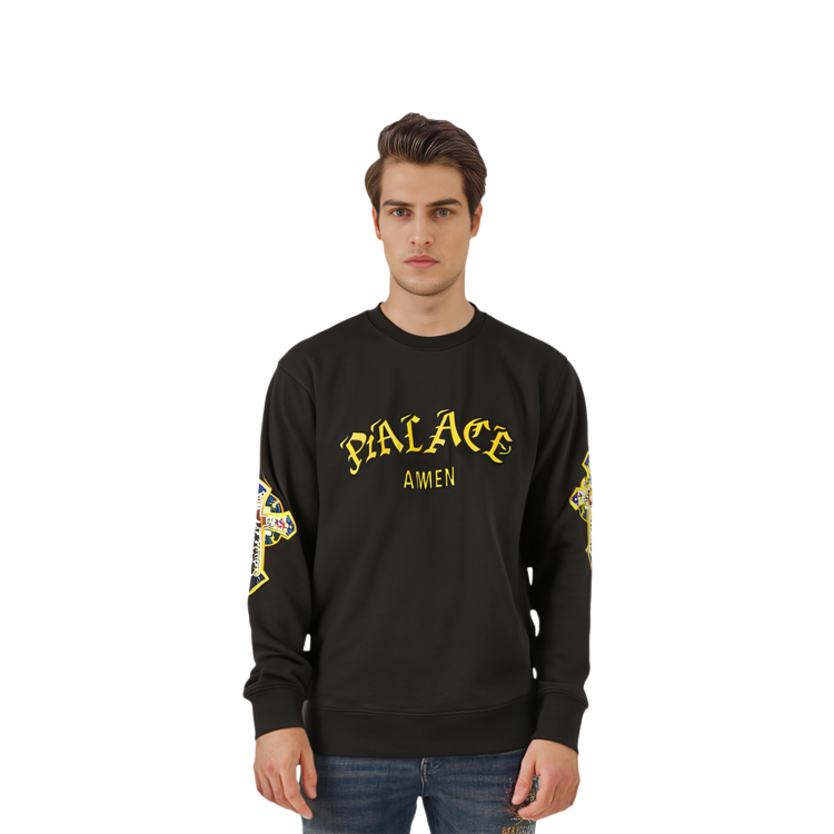 Shop PALACE SS24 Saints Crew Hitam Unisex Sweatshirt Lengan Panjang Graphic. P26CS009