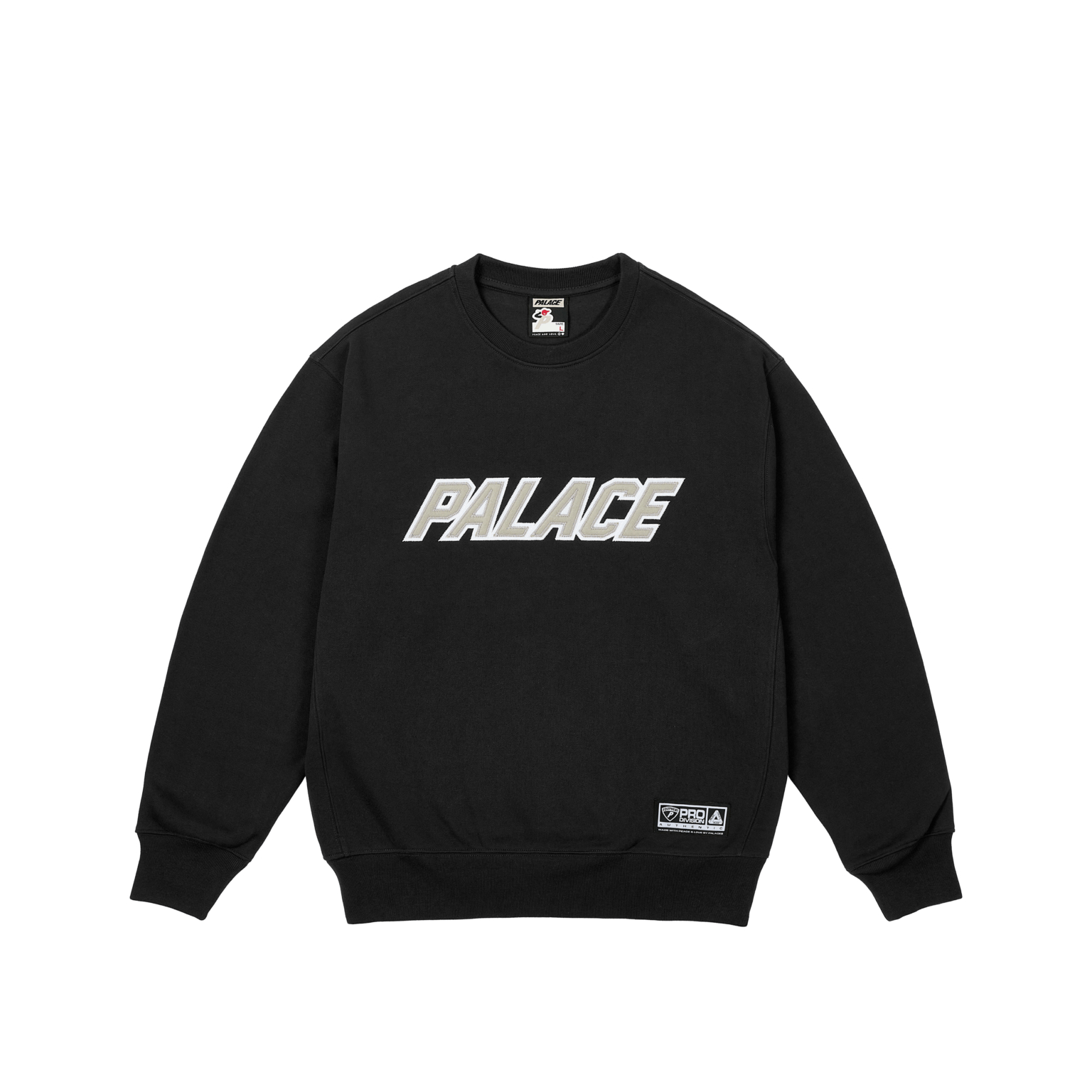 PALACE SS25 Applique Team Crew Black Logo Patch Relaxed Fit Unisex Sweatshirt. P28CS031