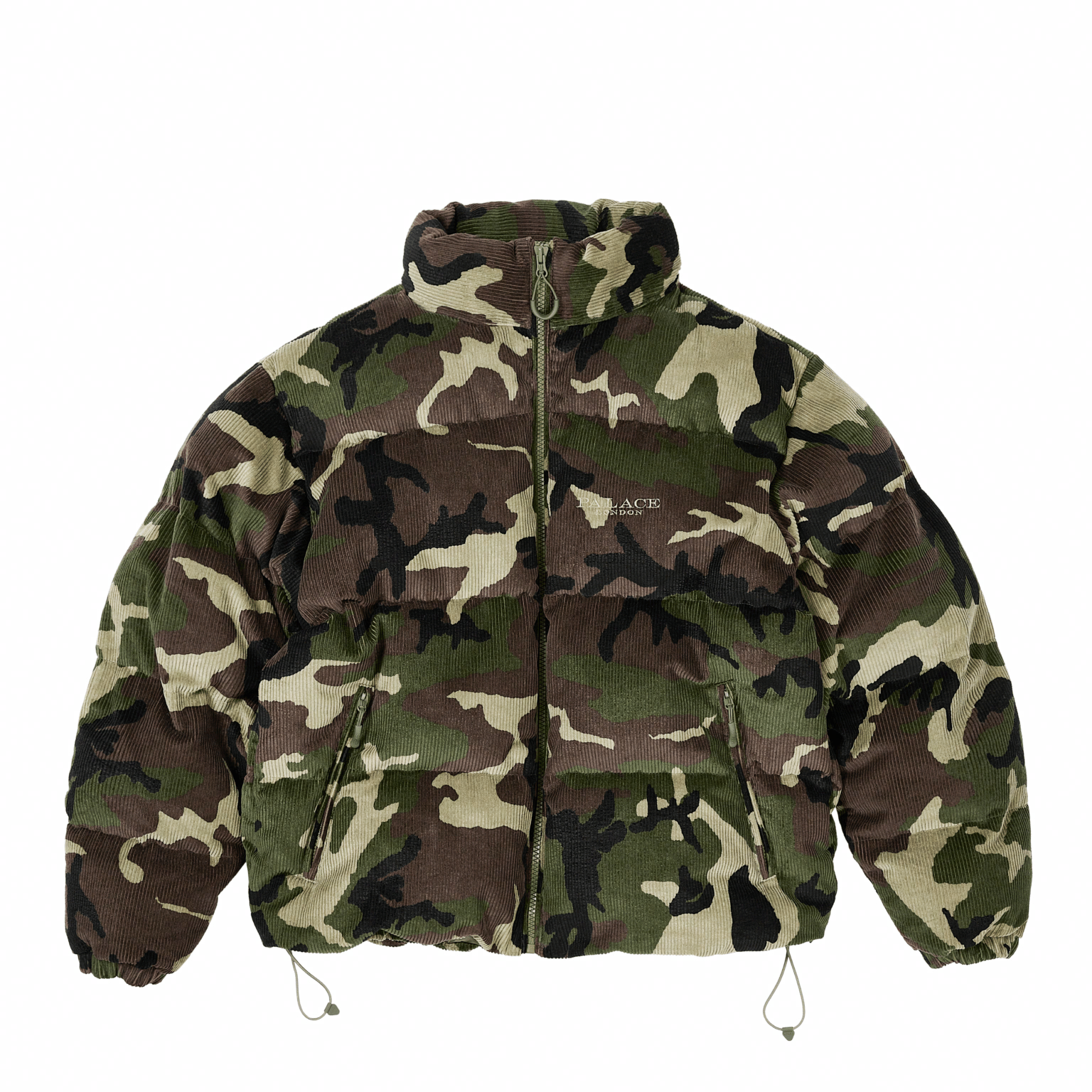 Order Jaket Puffa Logo Camo Corduroy PALACE SS25 Hijau Unisex. P28JK043