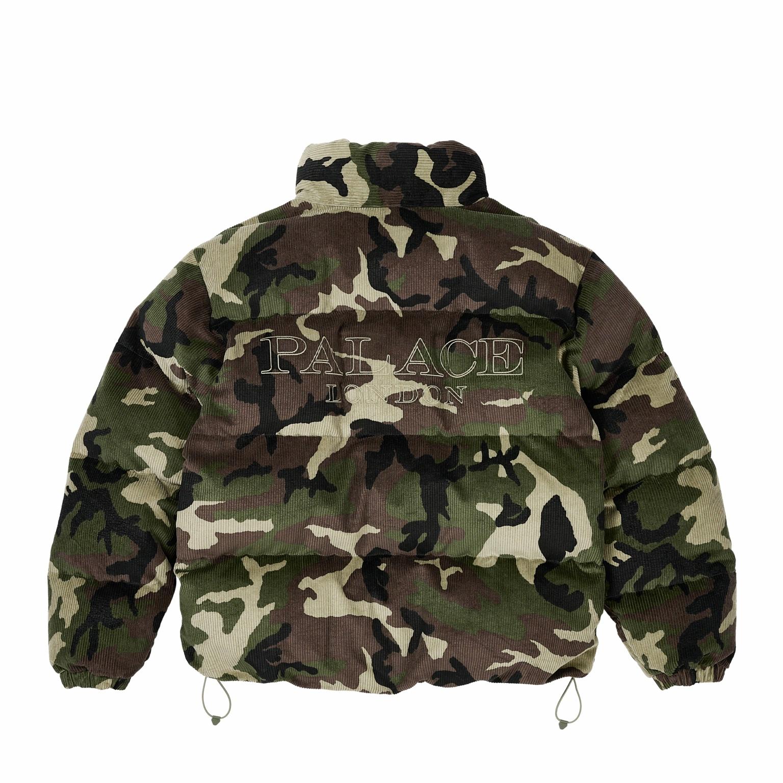 Lookbook Jaket Puffa Logo Camo Corduroy PALACE SS25 Hijau Unisex. P28JK043