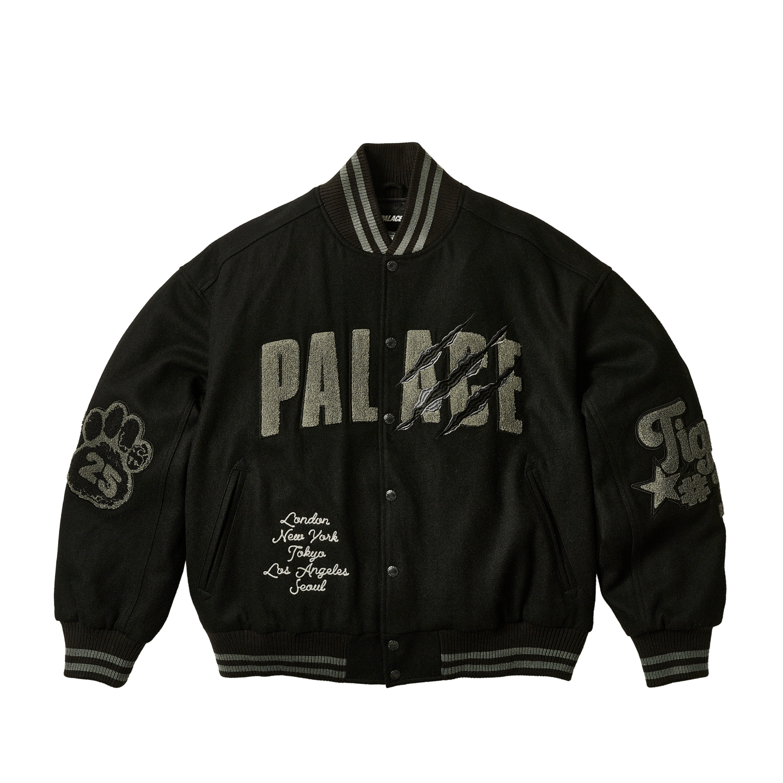 PALACE SS25 Drop6 Tora Tora Varsity Jacket Black Tiger Patch Unisex Casual Jacket P28JK007
